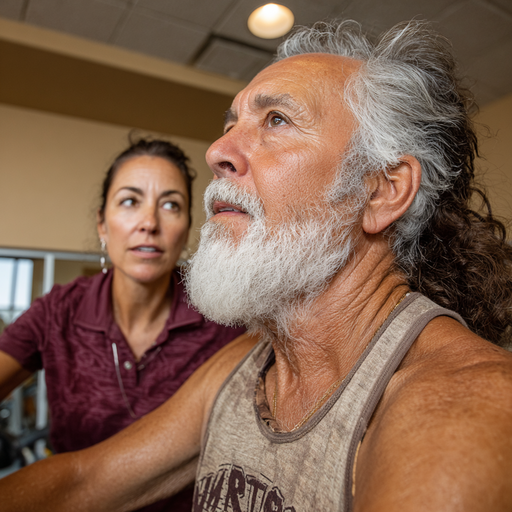 Тренер 52 років консультує клієнта 59 років щодо правильної техніки виконання вправ у фітнес-залі