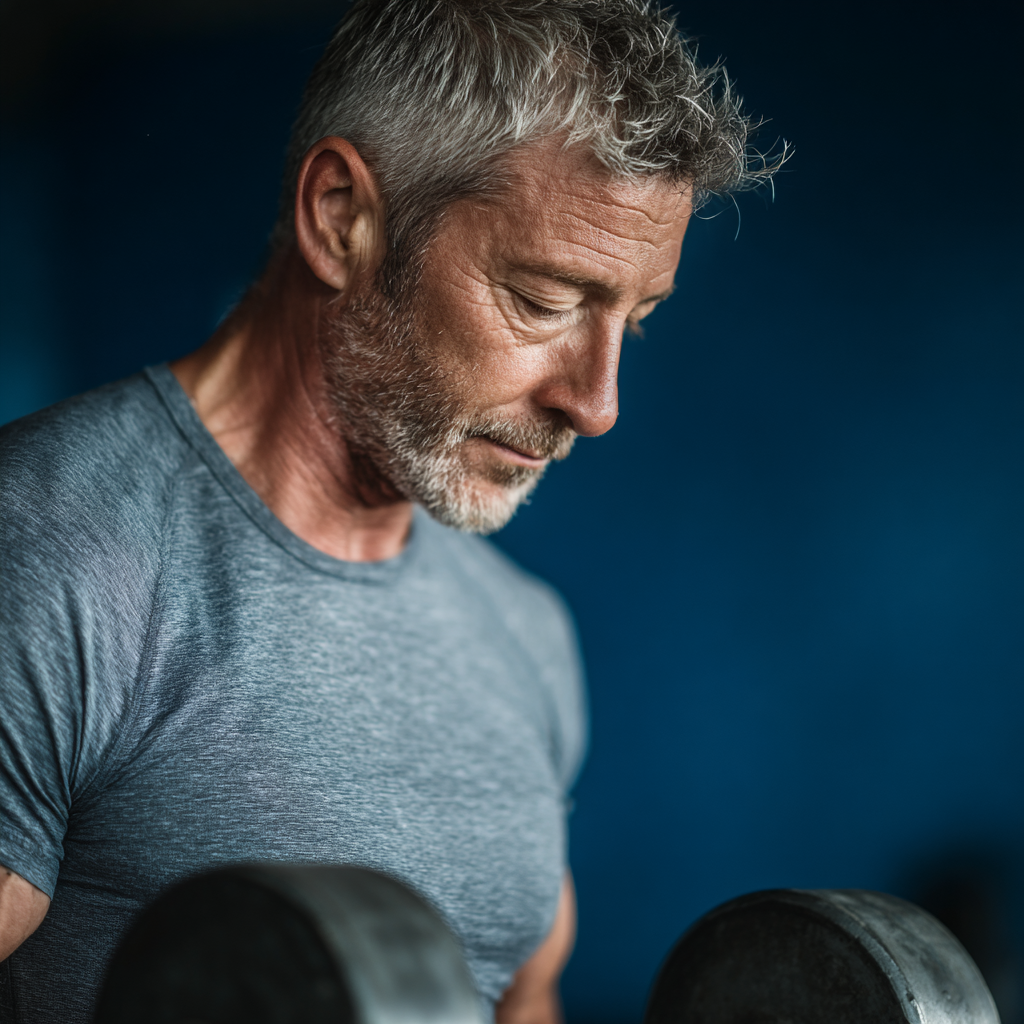 Чоловік 55 років виконує силові вправи з гантелями у фітнес-залі, демонструє правильну техніку та концентрацію