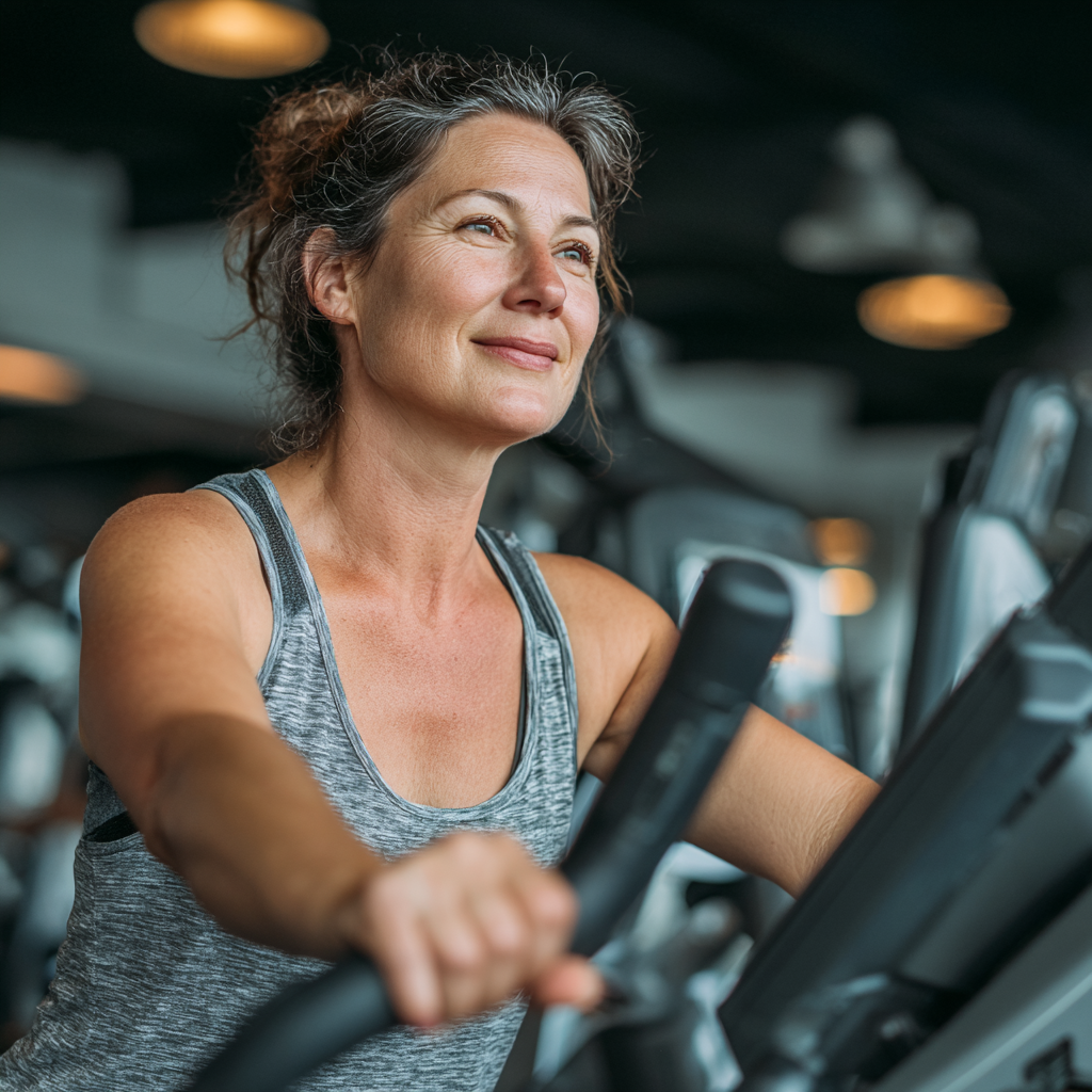 Жінка 58 років займається на кардіотренажері у сучасному фітнес-залі, демонструє правильну поставу та техніку